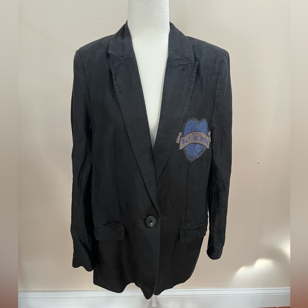 Zadig & Voltaire Black Linen Blend Art is Truth Viva Heart Strass Blazer 42 (XL) - Picture 2 of 10